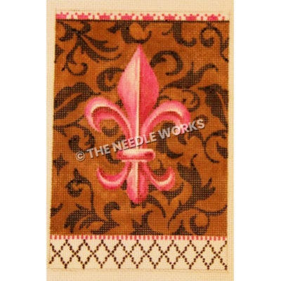 pink fleur de lis on brown background with black decorations and checkered border