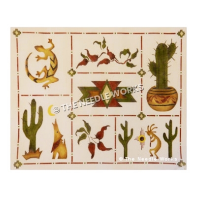 Southwestern icons including cactus, lizards, chili peppers, wolf and Kokopelli