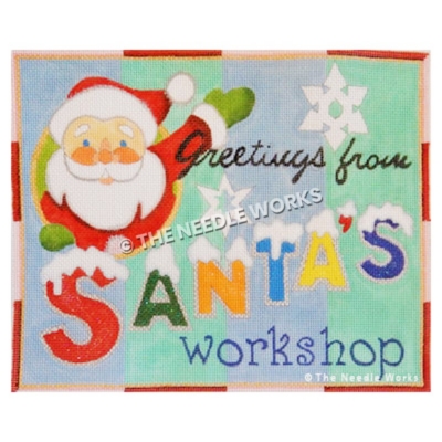 Greetings from Santa's Workshop sign with Santa waving and green and blue striped background and snowflakes