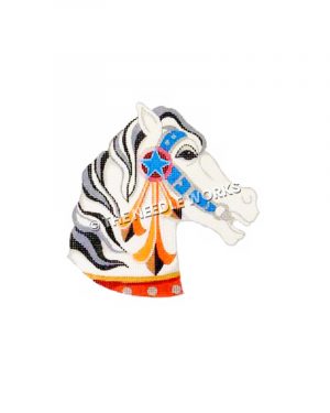 white carousel horse head with blue, silver, red and gold bridle