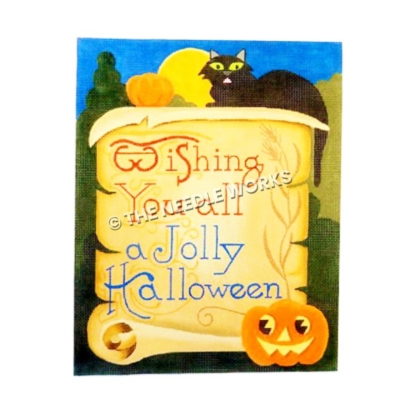 scroll with Wishing You All a Jolly Halloween written with black cat and jack-o-lantern