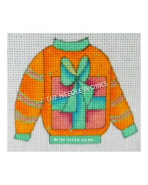 orange sweater with green trim and red and green present on front