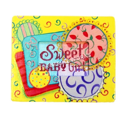 yellow picture frame with Sweet Baby Girl insert on red, purple, turquoise, red, green and yellow gifts decorations