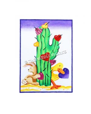 cactus with hearts on spines, brown bunny and yellow duck sitting at the base