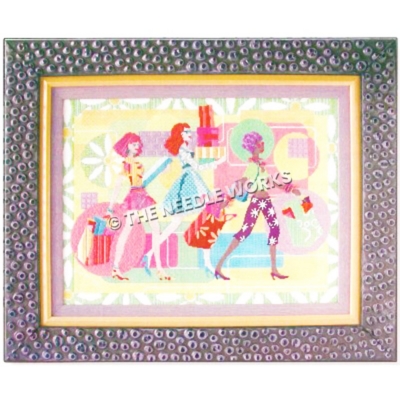 three women shopping with colorful background with circles and flowers