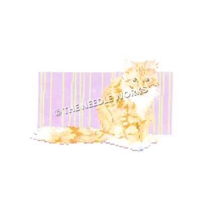yellow cat on purple and yellow striped background