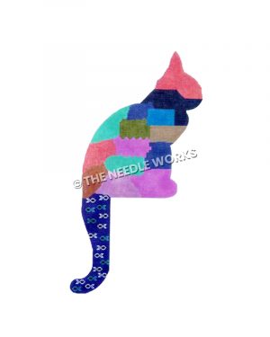 colorful patchwork cat silhouette with blue tail with fish design