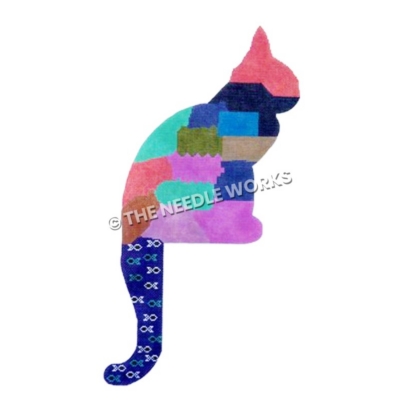 colorful patchwork cat silhouette with blue tail with fish design