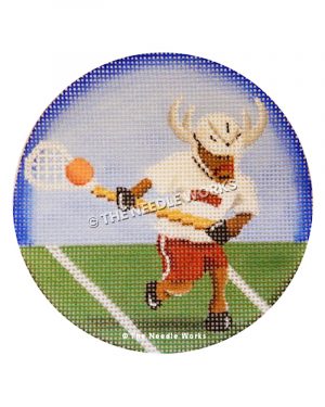 round ornament with Texas longhorn playing lacrosse on field and blue sky background