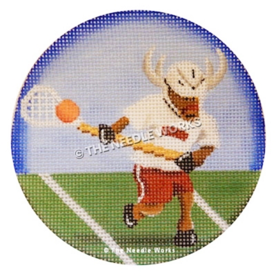 round ornament with Texas longhorn playing lacrosse on field and blue sky background