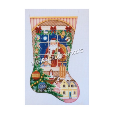 pink, yellow, and white stocking with Santa outside window holding bag with dollhouse, doll, sled and toy horse by Christmas tree and garland