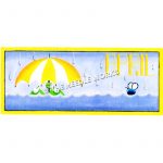 frogs sitting in rising water holding yellow and white umbrella with rain falling and word April written in sky