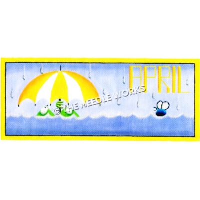frogs sitting in rising water holding yellow and white umbrella with rain falling and word April written in sky