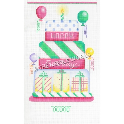 pink, green, yellow, white and purple Happy Birthday cake with one candle and colorful balloons