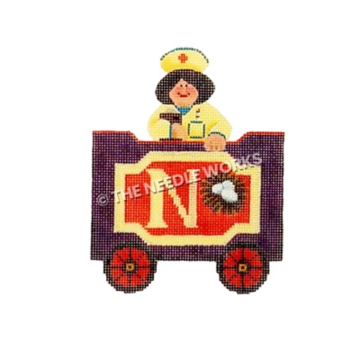 purple and gold train car with letter N, nest, and nurse
