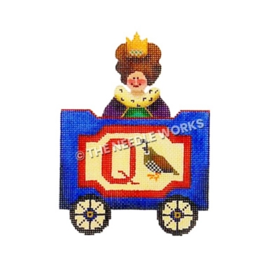 blue and red train car with letter Q, quail, and queen
