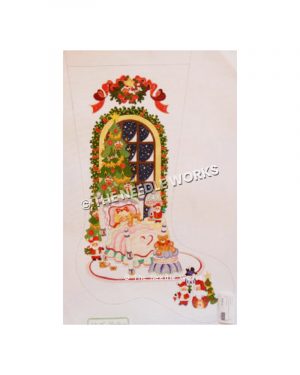 stocking with sleeping girl in pink bed in front of Christmas tree and snowy window