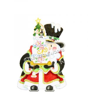 Santa in top hat holding wedding cake and bell