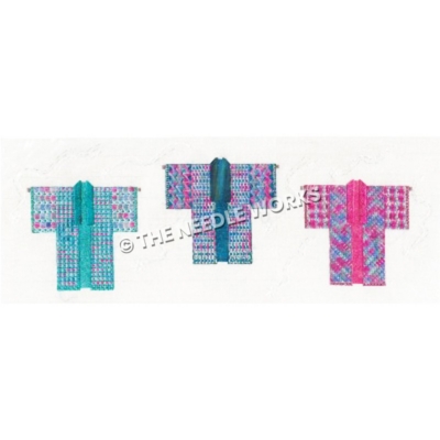 three kimonos in turquoise, teal, pink and blue colors