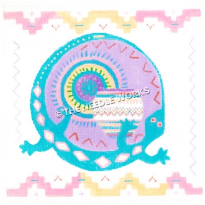 turquoise gecko lizard with purple decoration and multi-colored pot and pink and yellow southwestern border