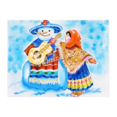 snowman dressed in southwestern sarape and sombrero with southwestern dressed woman handing snowman a guitar