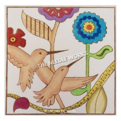 two tan hummingbirds with abstract colorful flower background