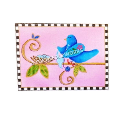 blue bird sitting on branch next to nest with eggs knitting blanket