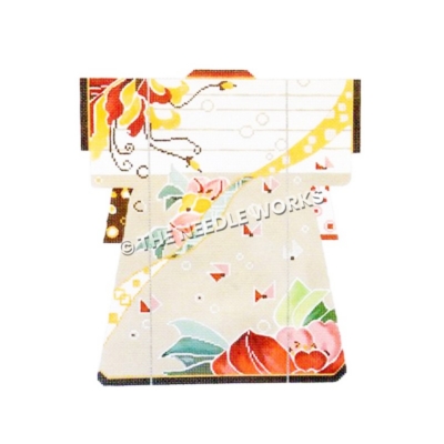 white kimono with red and yellow flower and pink apron with red and pink flowers