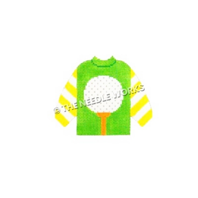 green sweater with golf ball on tee and yellow and white striped sleeves