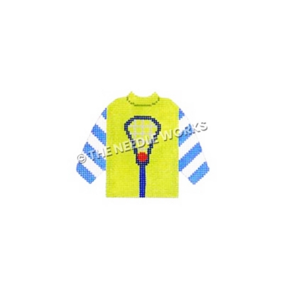 lime green sweater with lacrosse stick and ball and blue and white striped sleeves