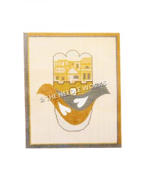 yellow dove with hamsa or palm-shaped background with Middle Eastern buildings