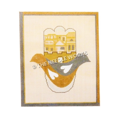 yellow dove with hamsa or palm-shaped background with Middle Eastern buildings