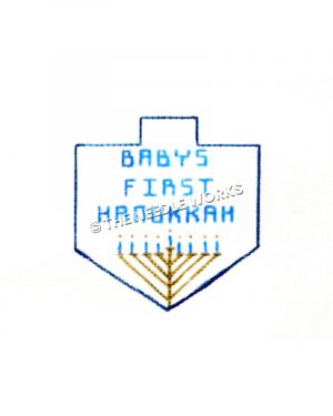 dreidel in blue outline with Baby's First Hanukkah written in blue with menorah