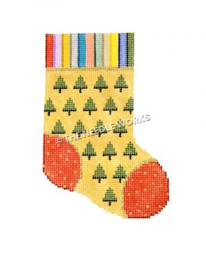 yellow stocking with green Christmas tree pattern and multi-color striped sock top