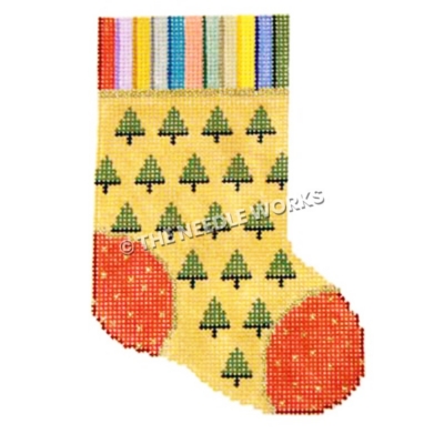 yellow stocking with green Christmas tree pattern and multi-color striped sock top