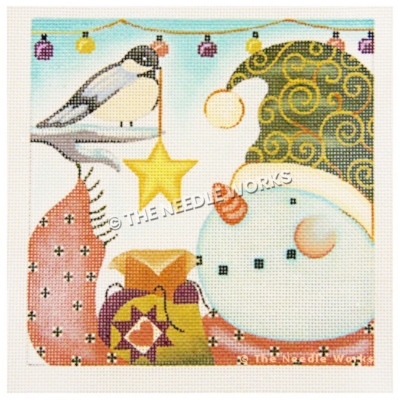 snowman in green and gold hat and red scarf looking at a chickadee on a branch holding a star in its mouth