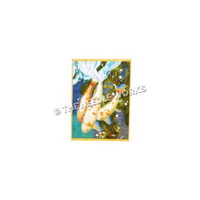 three koi swimming with blue and green water background