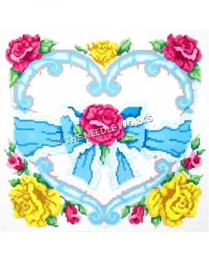 blue and white decorative heart with pink and yellow roses and blue ribbon with pink rose in center