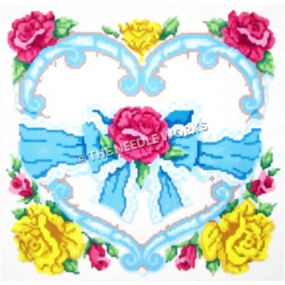 blue and white decorative heart with pink and yellow roses and blue ribbon with pink rose in center