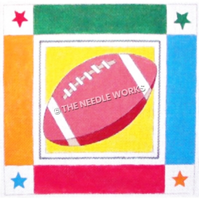 pink football with green, blue, red, and orange border with stars