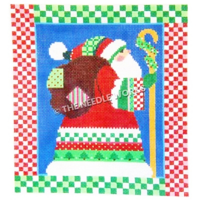 Santa profile with bag and sheperd's crook with red and white and green and white checkered borders