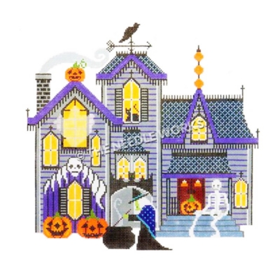 purple haunted house with witch, skeleton, black cat and bat, ghost and jack-o-lanterns