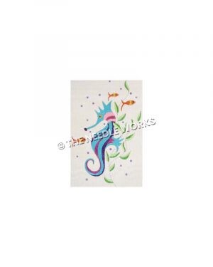 blue and purple striped seahorse on white background with goldfish
