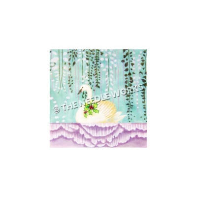 white swan with mistletoe on purple pond with hanging vines in background
