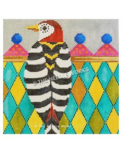 red, black, and white woodpecker with colorful diamond background