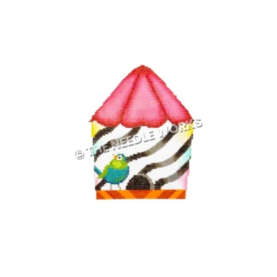 zebra colored birdhouse with pink roof and blue green bird