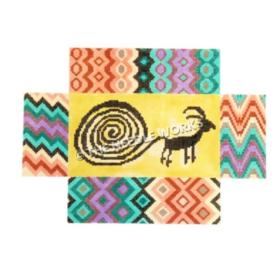 brick cover with black rock art design on yellow background