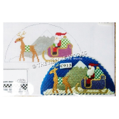 Santa on sleigh with Rudolph with snow-covered mountain
