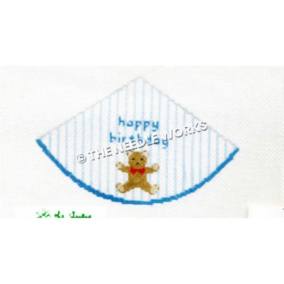 blue and white striped happy birthday hat with teddy bear