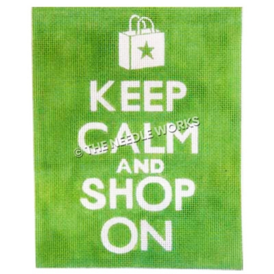 white words Keep Calm and Shop On on lime green background